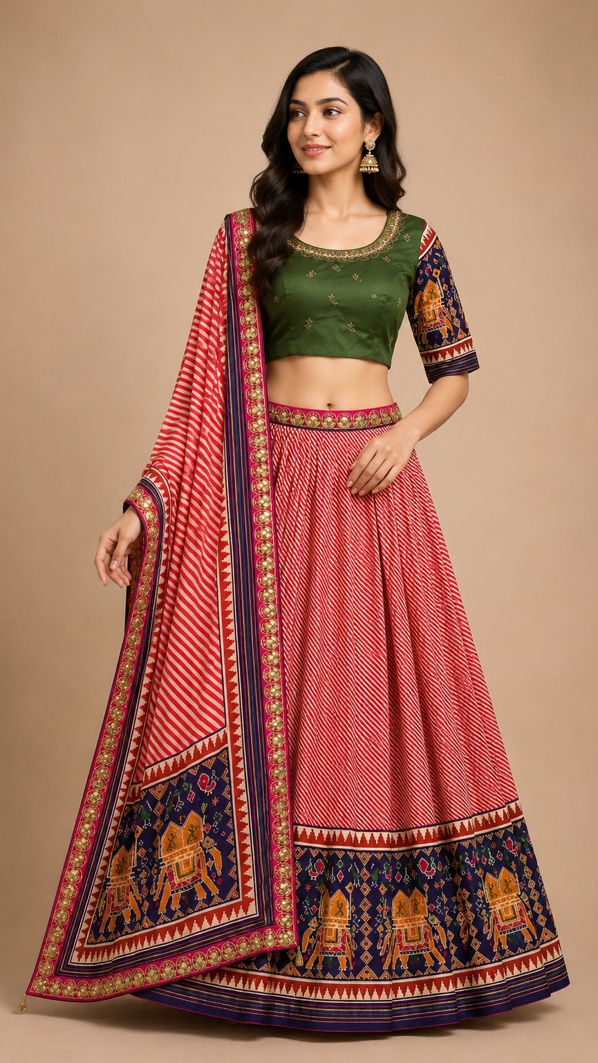 Red & Green Leheriya Silk Lehenga Set with Patola Motifs