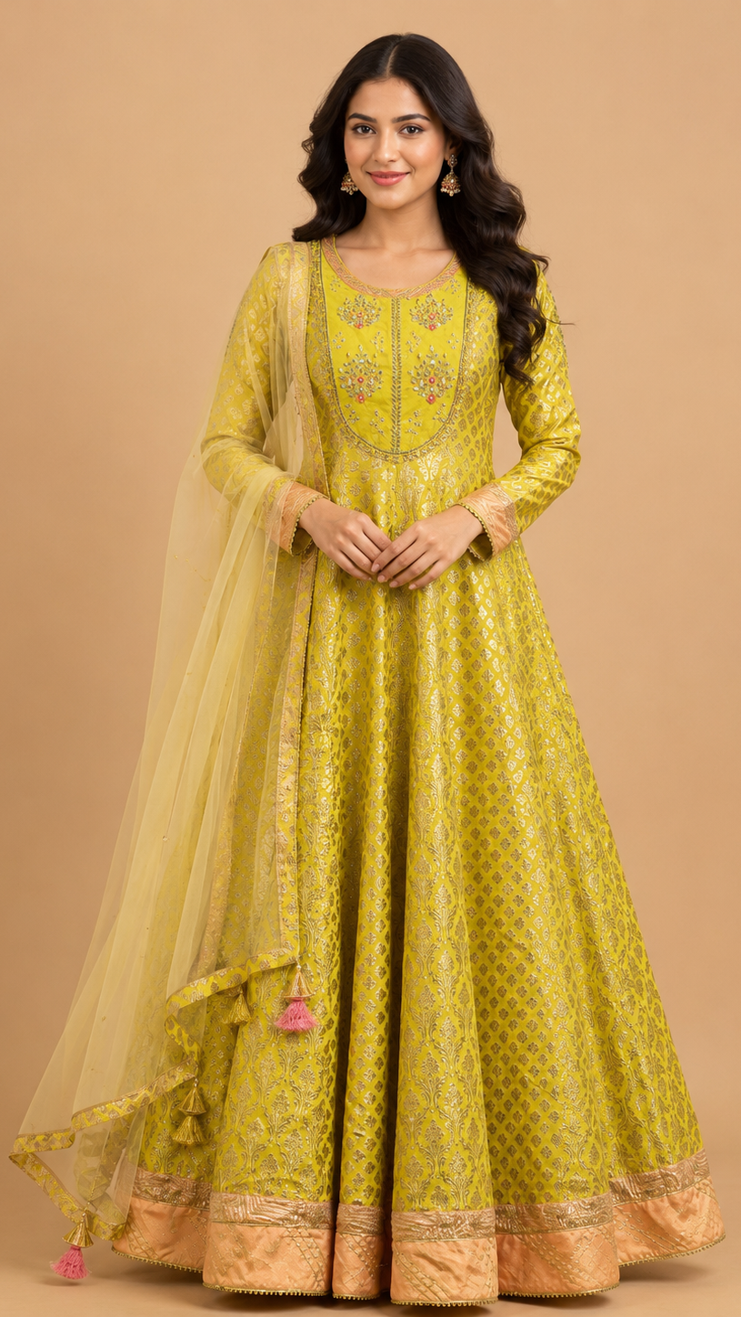 Lime Green Woven Silk Anarkali with Peach Contrast