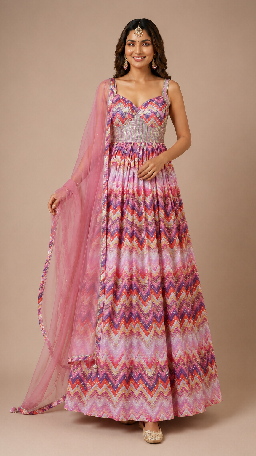 Vibrant Chevron Print Georgette Anarkali Set
