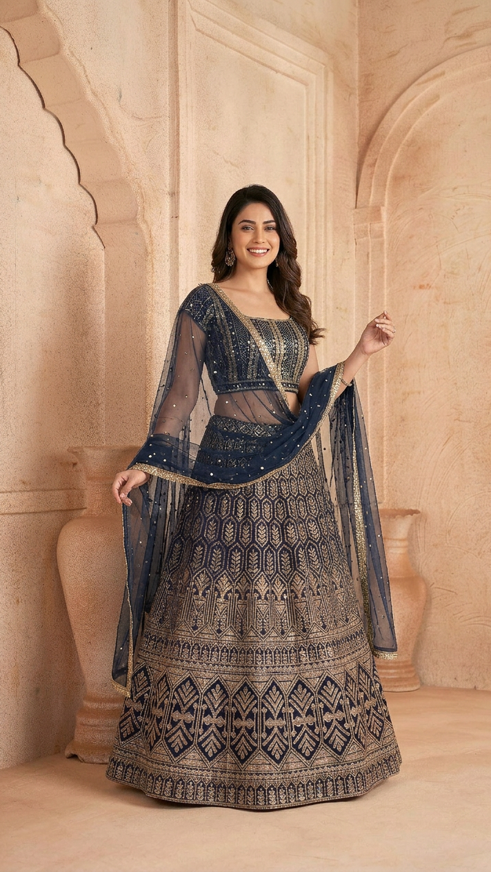 Navy-Blue Lehenga Set With Hand Embroidery