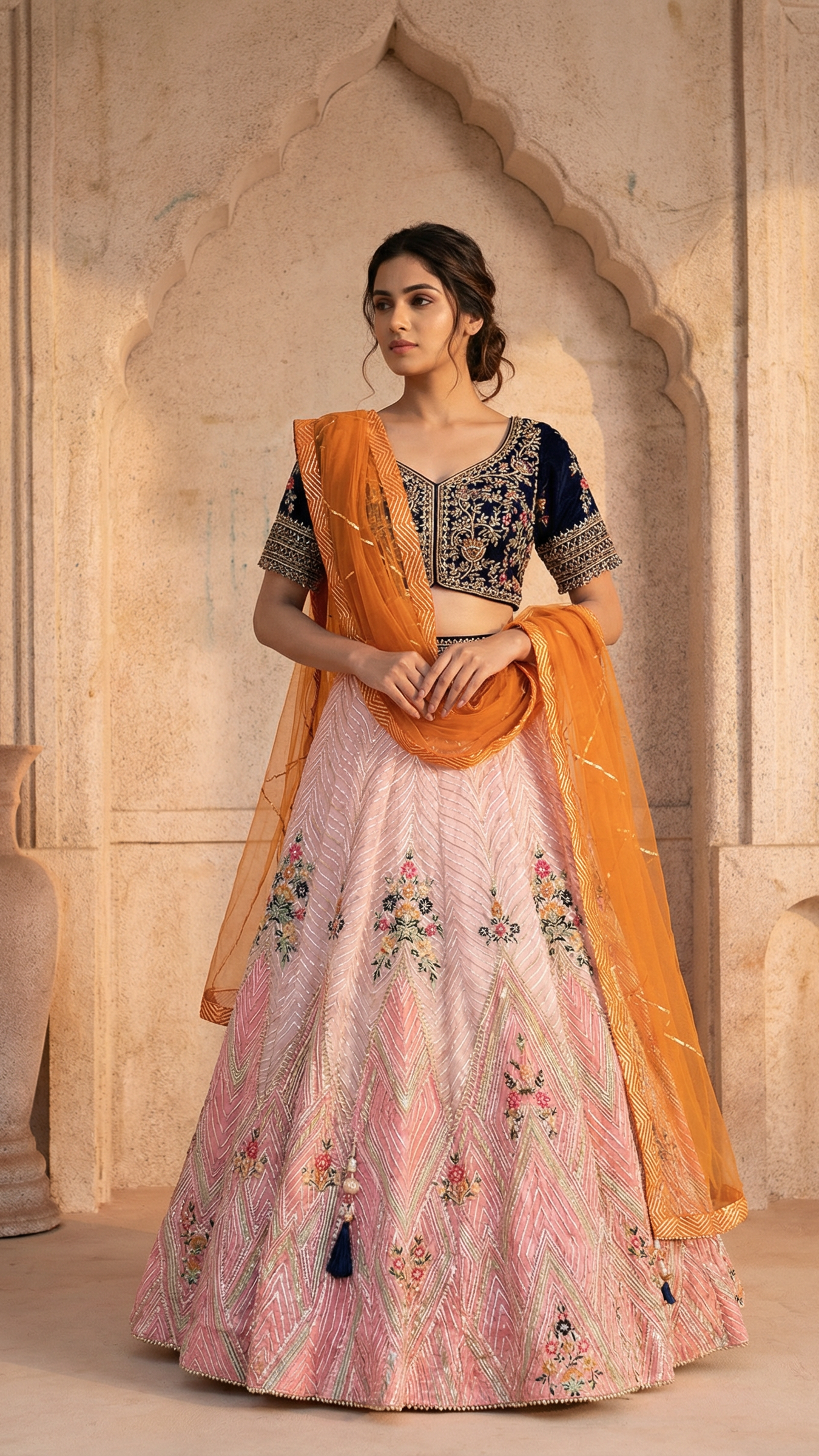 Peach Floral Lehenga Set With Hand Embroidery