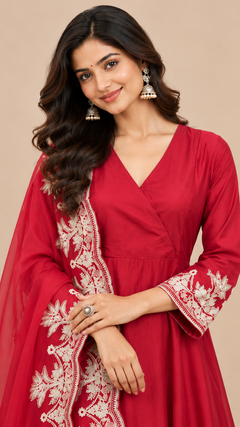 Elegant Red Silk Anarkali Kurta Set with Floral Embroidered Dupatta