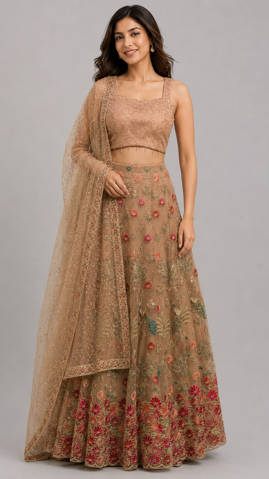 Beige Net Lehenga Choli with Red Floral & Peacock Motifs