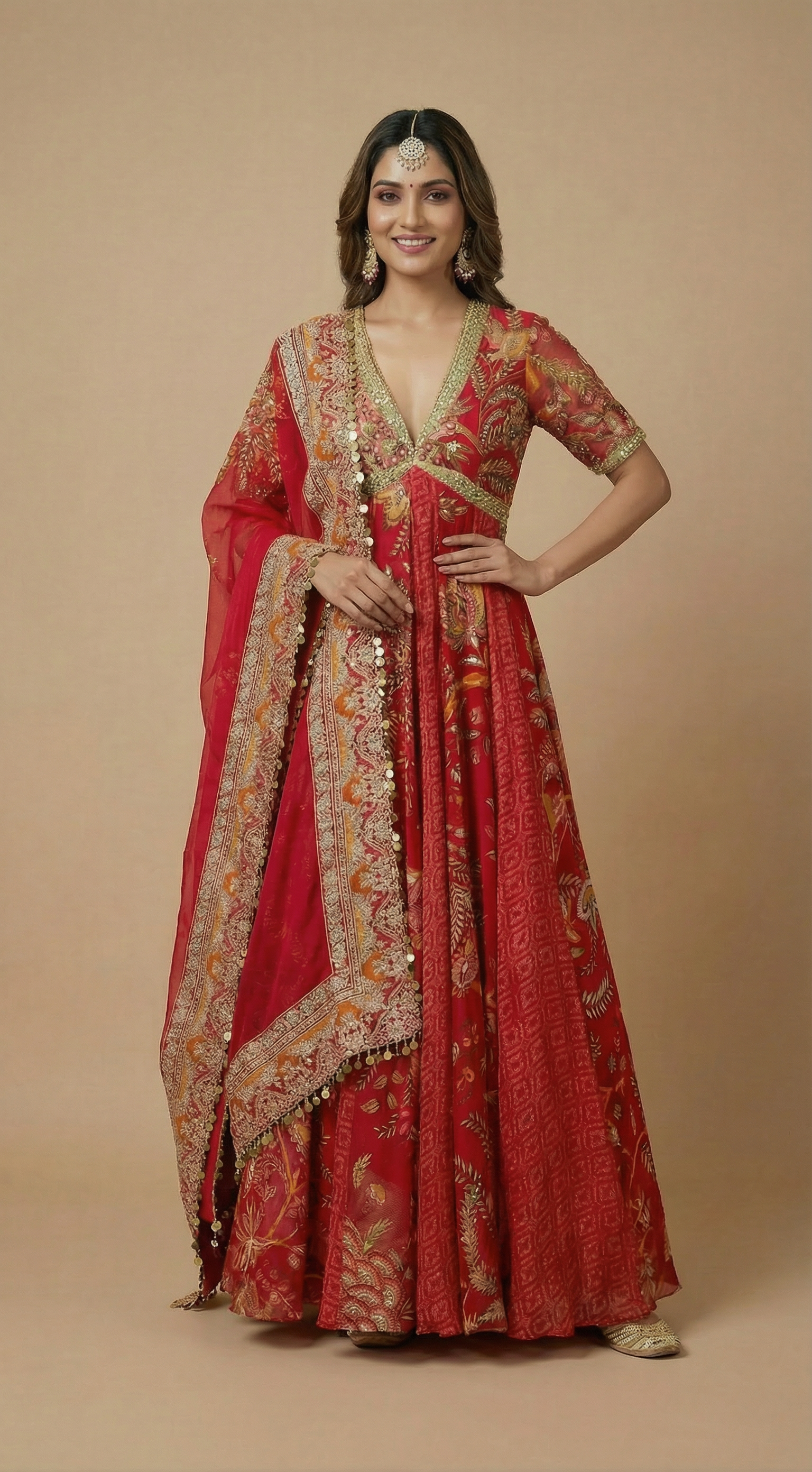 Crimson Radiance: Embroidered Floral Anarkali Set