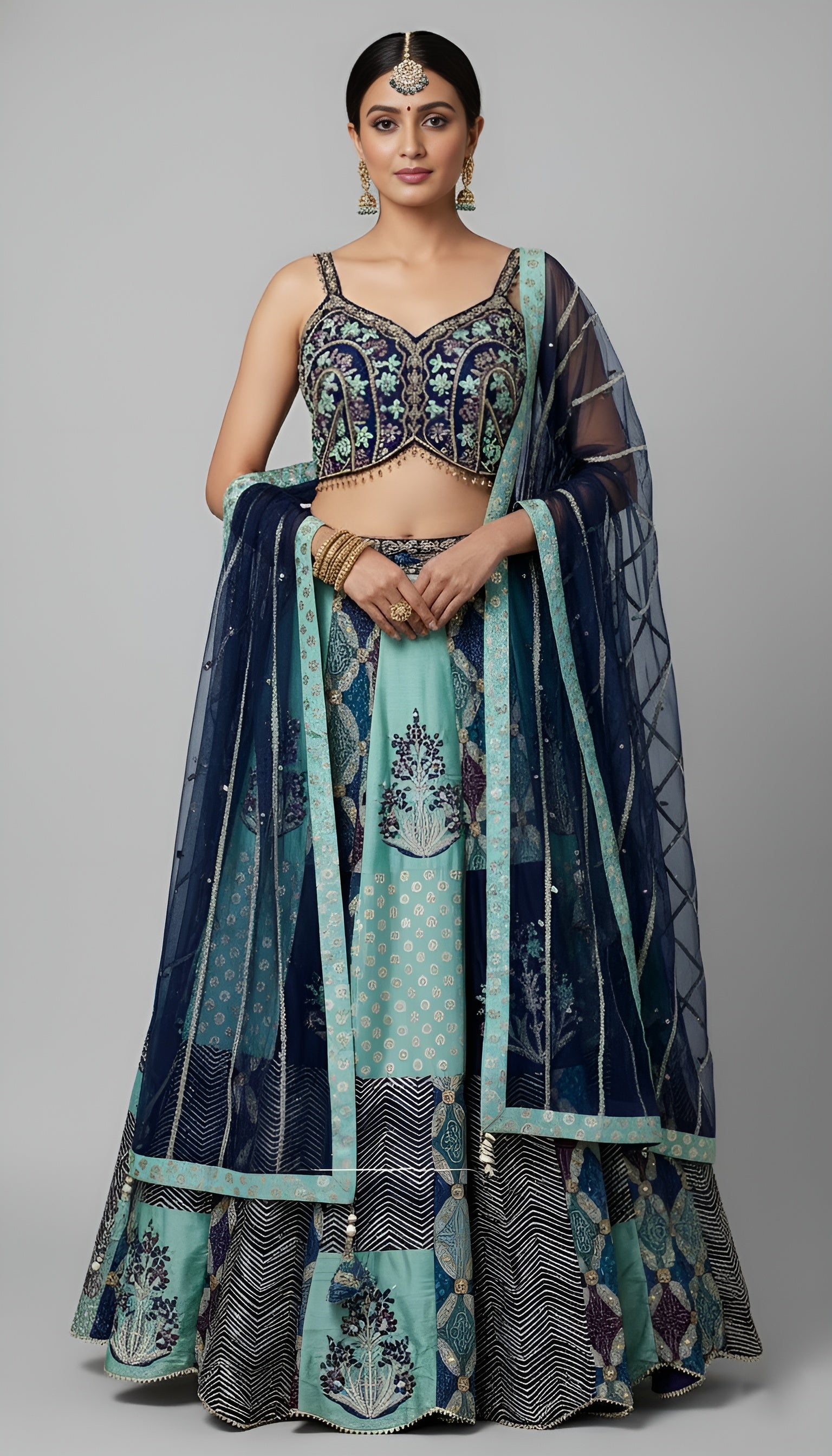 Multi-Colour Floral Lehenga Set with Hand Embroidery