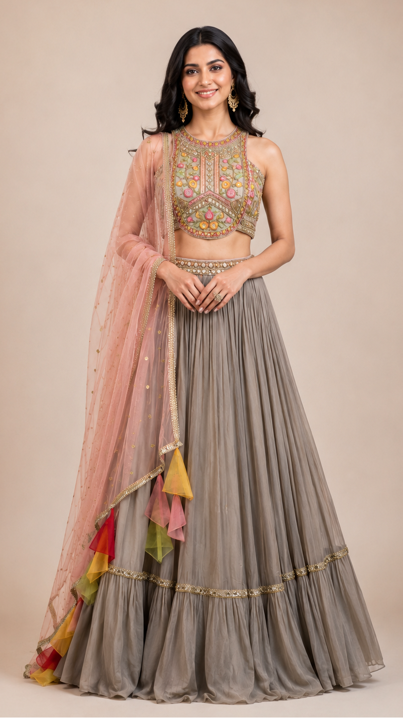Lilac Gathered Tiered Lehenga with Multi-Color Embroidered Blouse