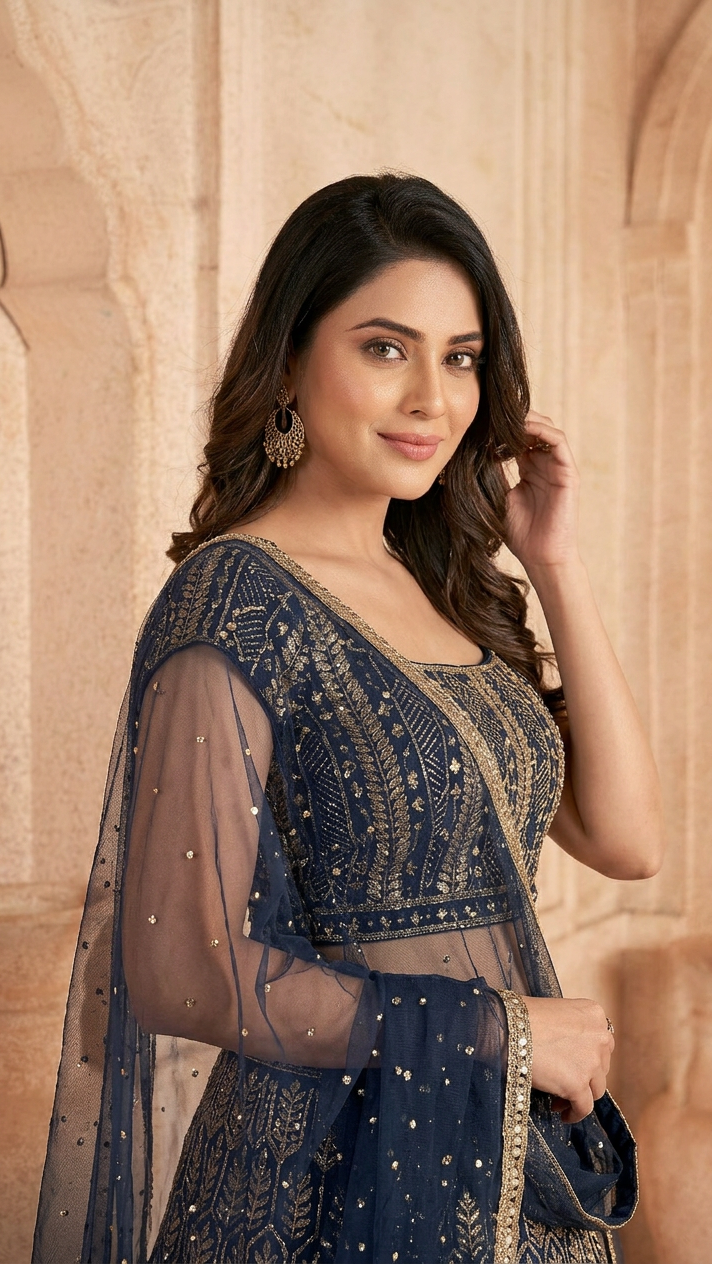 Navy-Blue Lehenga Set With Hand Embroidery