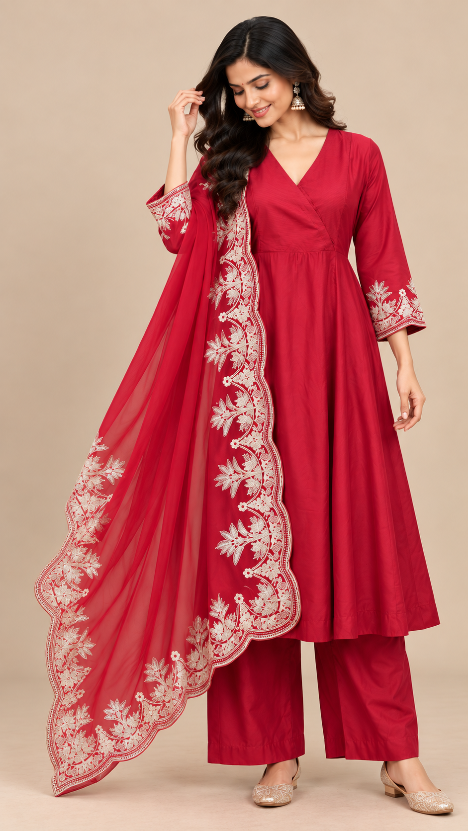 Elegant Red Silk Anarkali Kurta Set with Floral Embroidered Dupatta