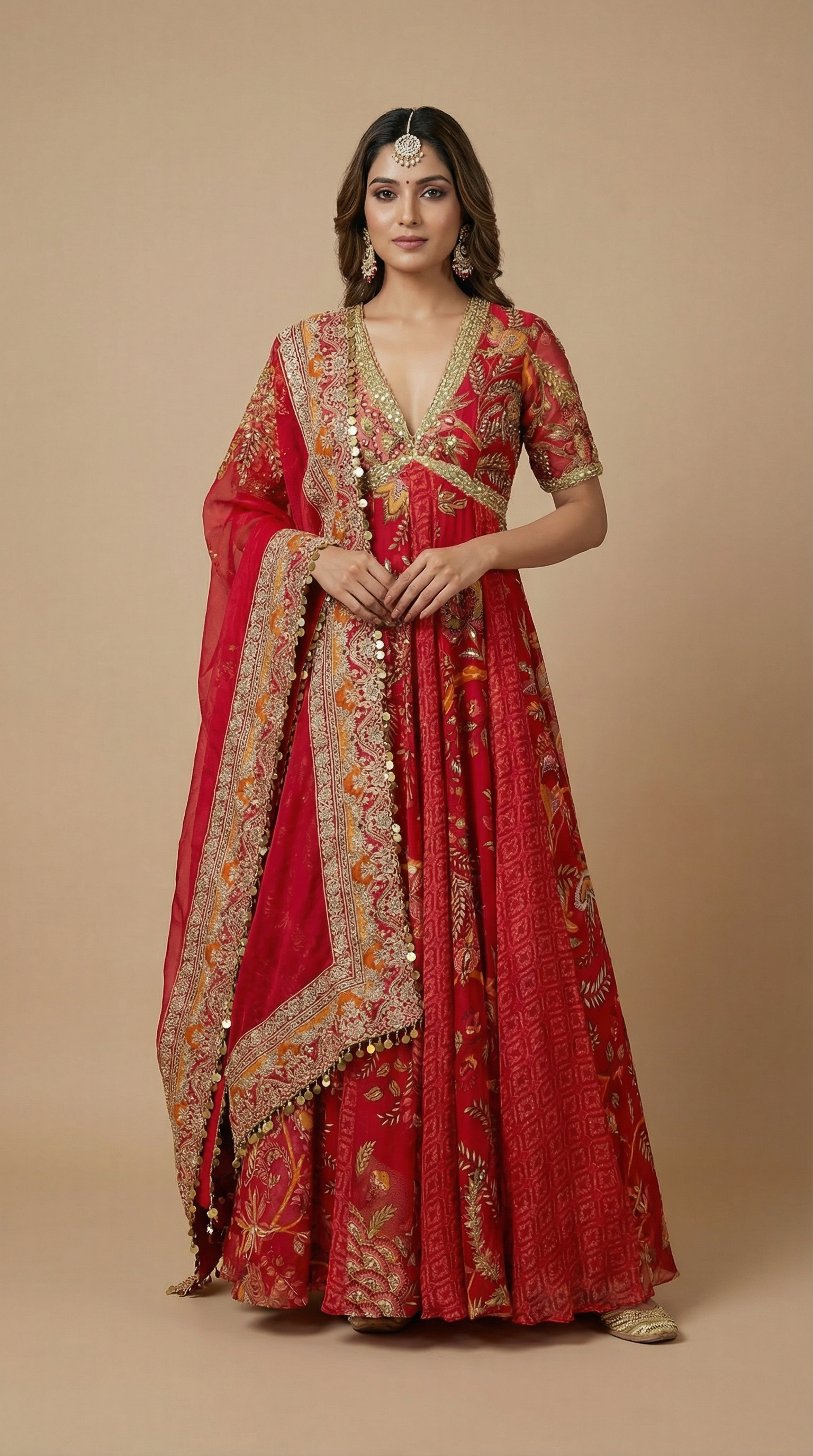 Crimson Radiance: Embroidered Floral Anarkali Set