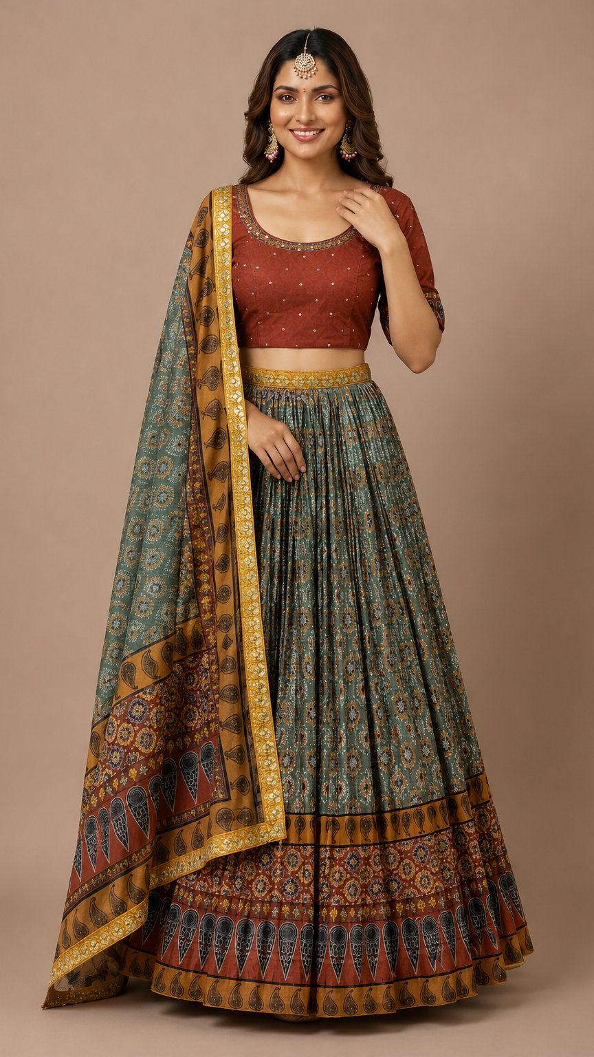 Heritage Charm Printed Silk Lehenga Set in Teal & Rust