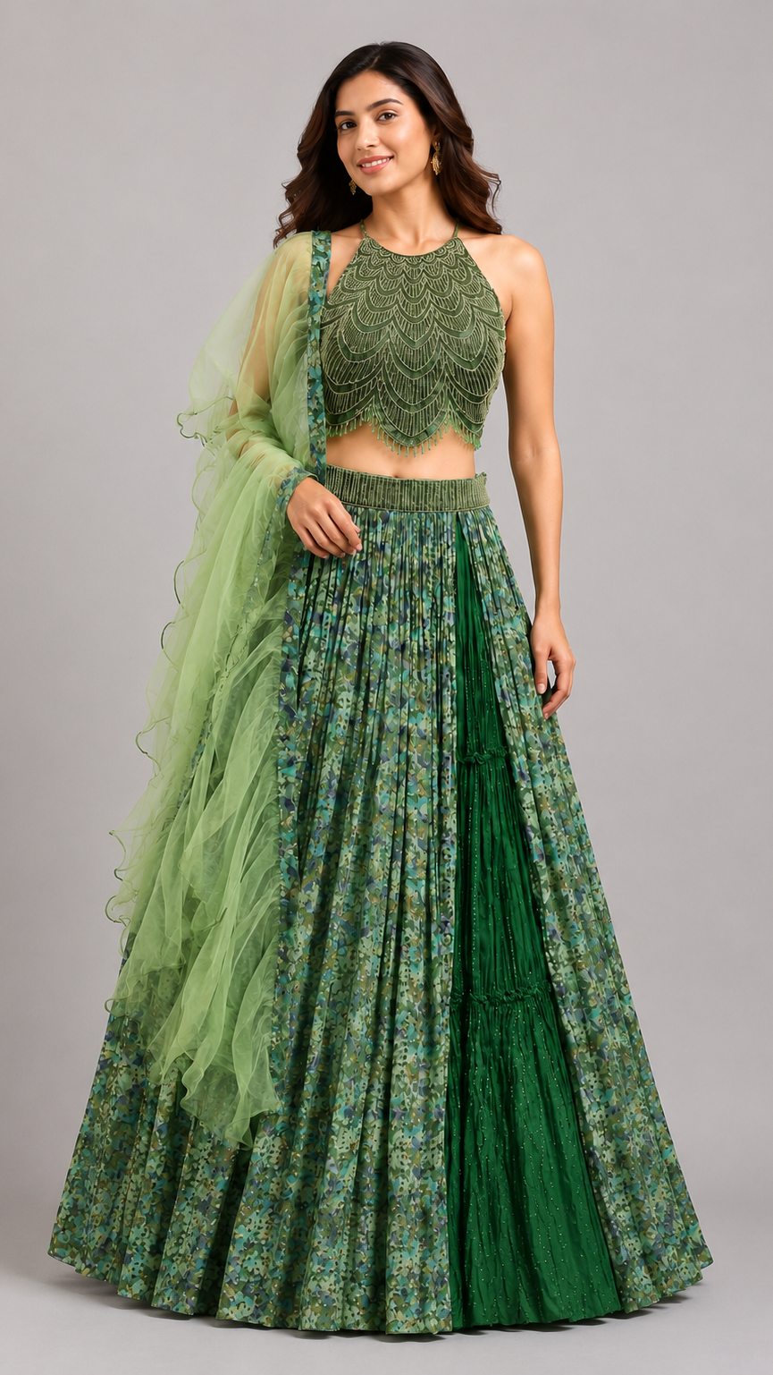 Olive & Emerald Green Pleated Lehenga with Scalloped Halter Blouse
