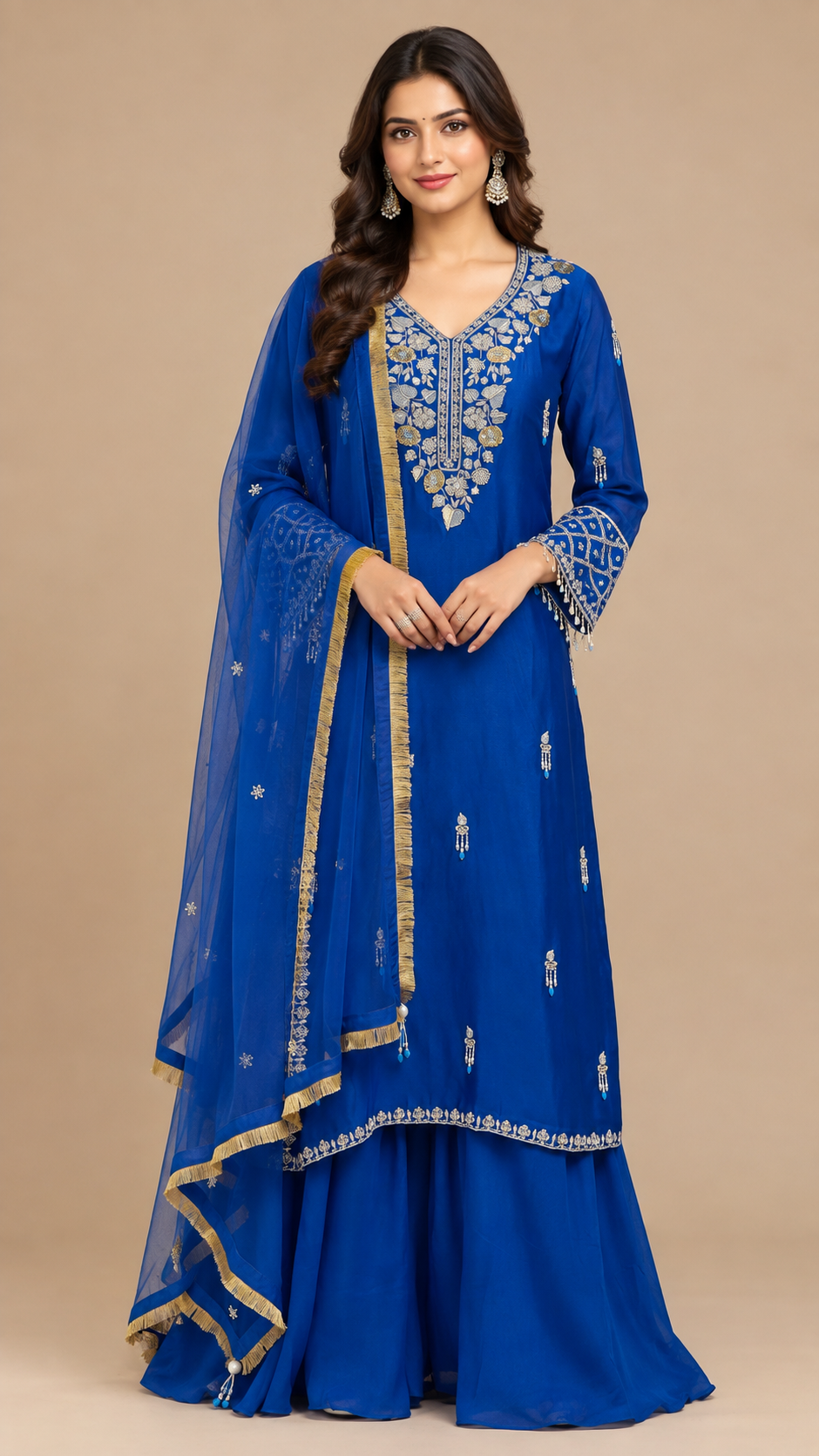 Royal Blue Silk Embroidered Sharara Set with Dupatta