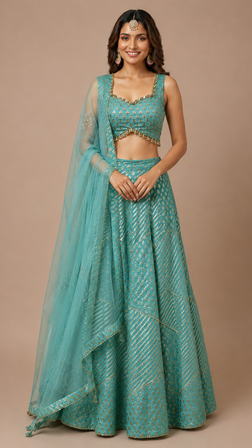 Enchanting Teal Brocade Raw-Silk Lehenga Set
