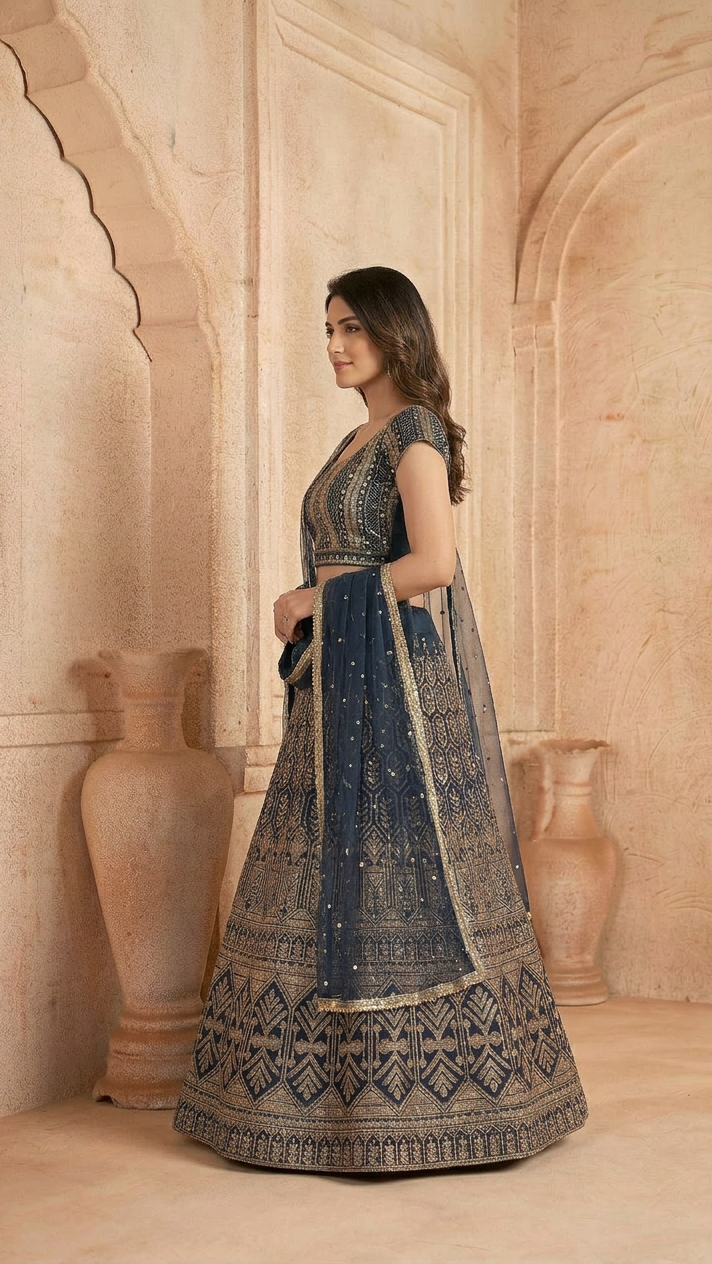 Navy-Blue Lehenga Set With Hand Embroidery