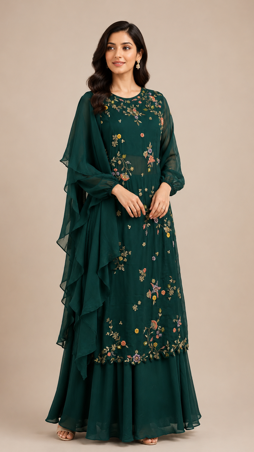 Deep Green Floral Embroidered Kurta with Ruffled Dupatta