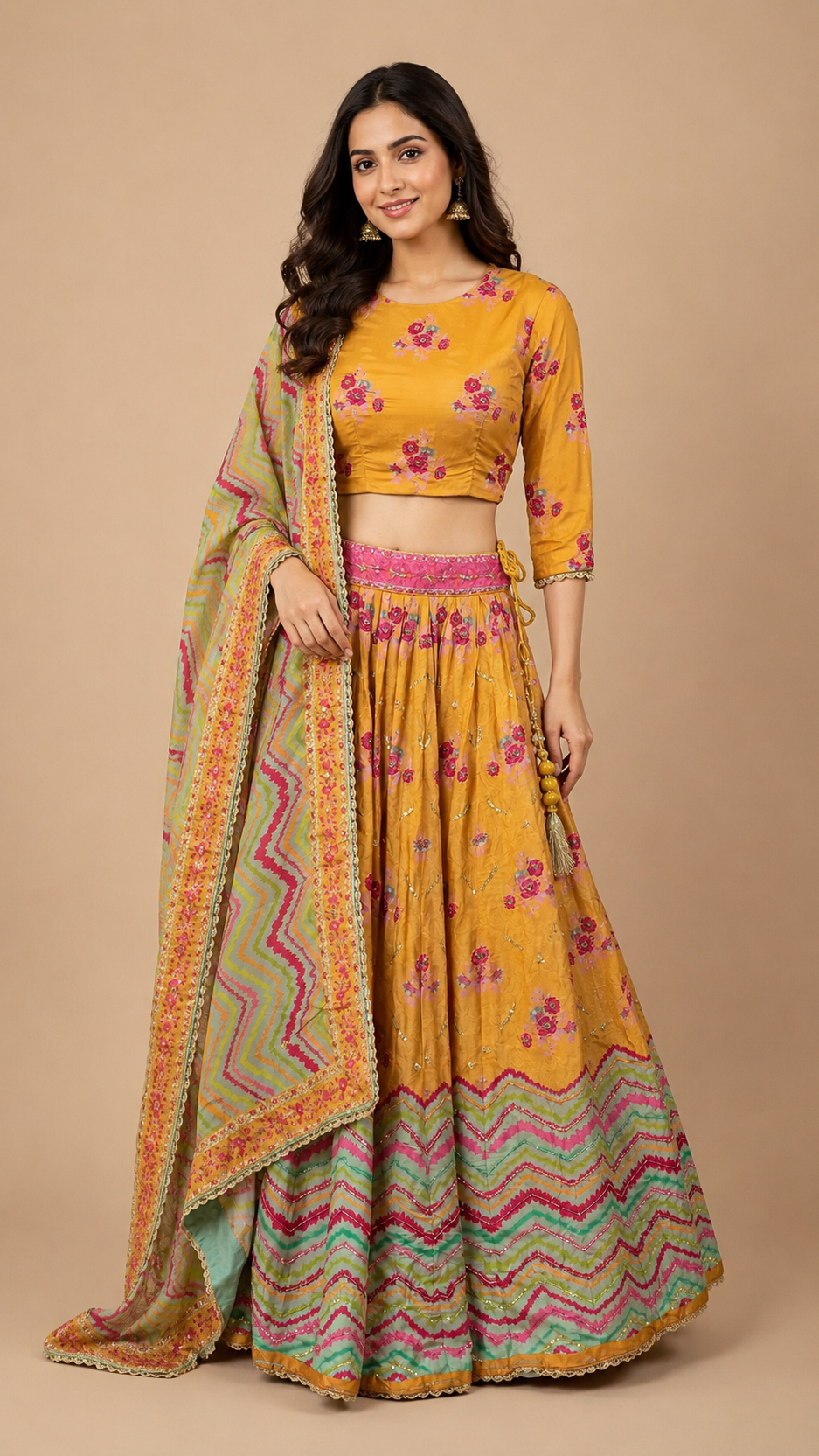 Mustard Yellow Printed Silk-Blend Lehenga