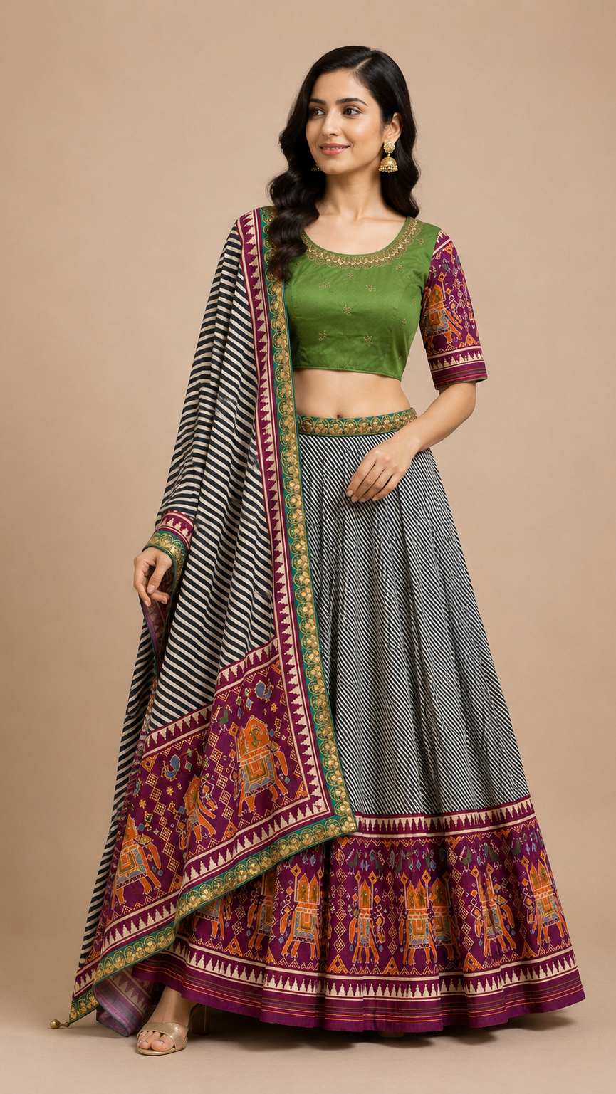 Monochrome Leheriya & Plum Patola-Inspired Lehenga Set