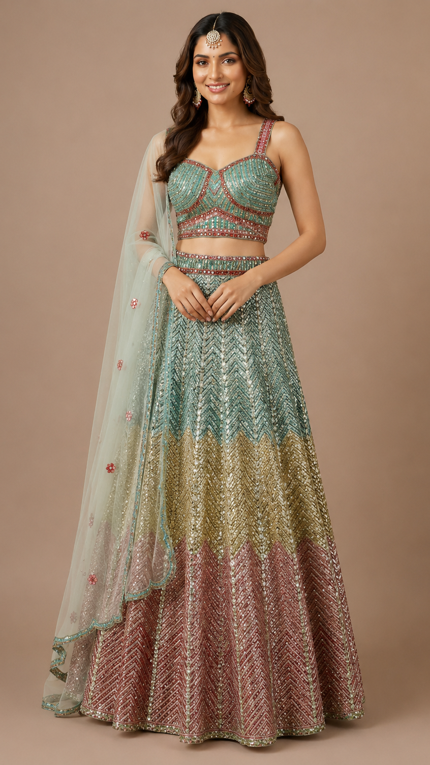 Multicolor Chevron Sequined Silk Lehenga Set