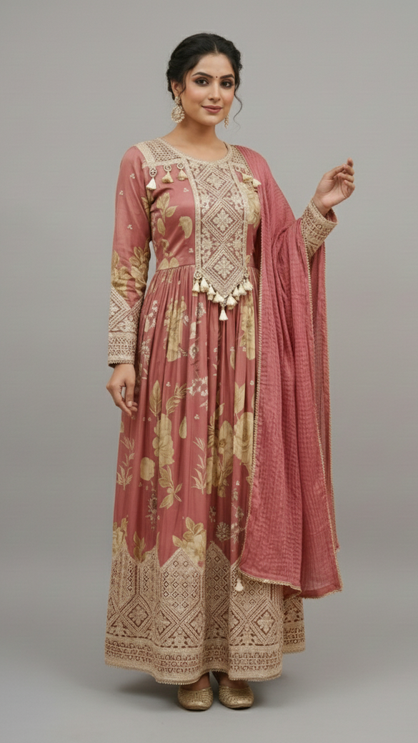 Tissue Anarkali Suit Set Onion-Pink In Colour