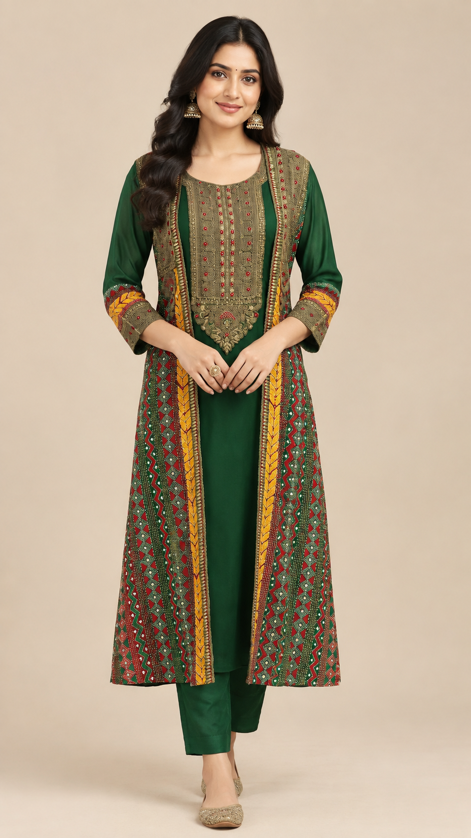 Emerald Green Georgette Embroidered Jacket-Style Kurta Set