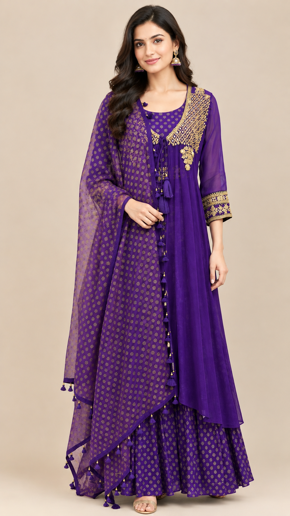 Royal Purple Georgette Embroidered Ethnic Dress Set with Dupatta