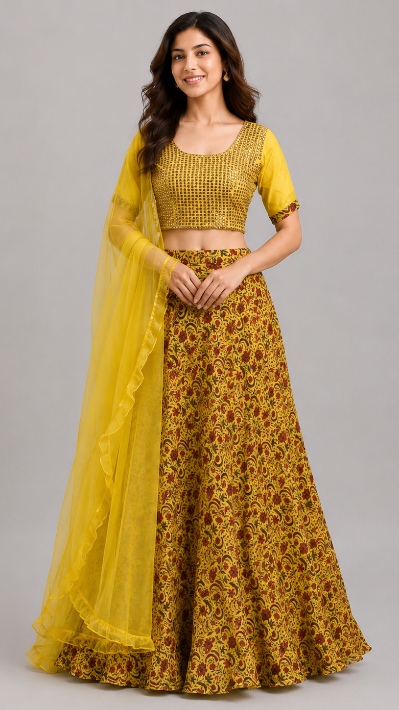 Vibrant Mustard Yellow Silk Printed Lehenga Set