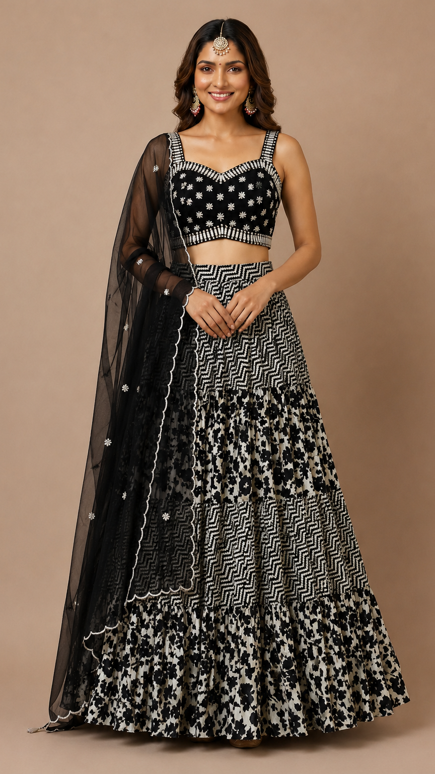 Monochrome Elegance: Black & White Tiered Georgette Lehenga Set