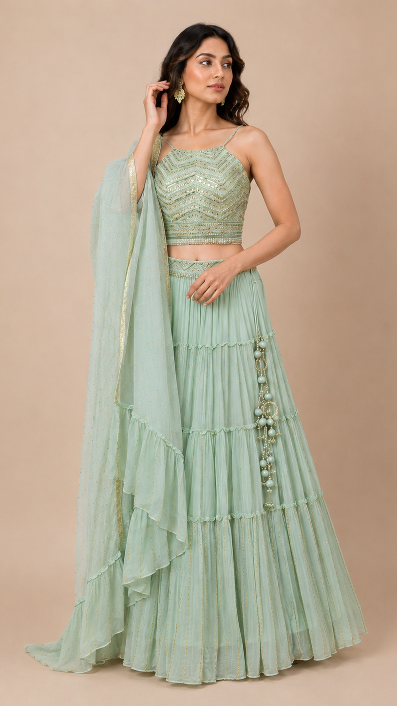Mint Green Layered Lehenga with Chevron Sequin Blouse