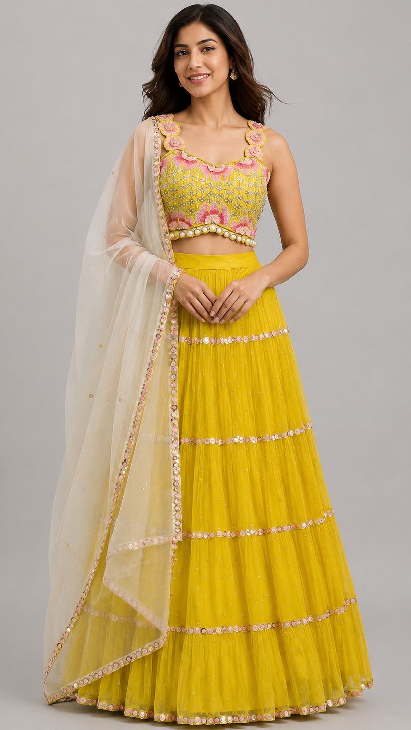 Radiant Sunshine Yellow Georgette Lehenga Set with Floral Embroidery