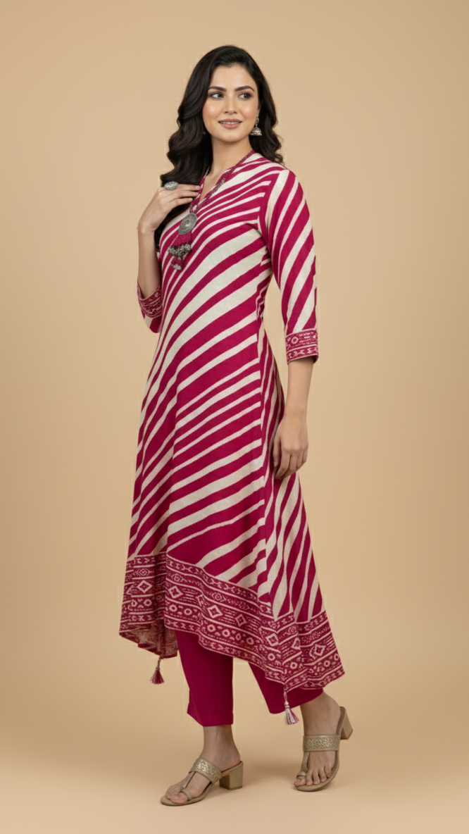 The Soft Cotton Crimson and Ivory Leheriya Kurta Set