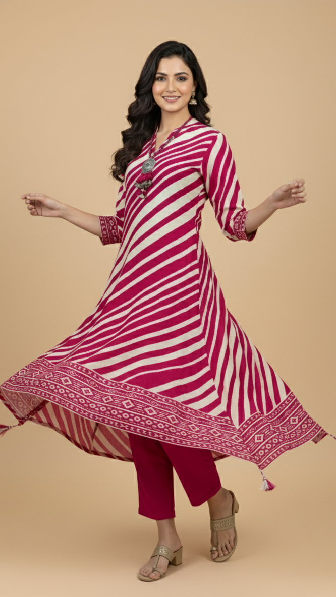 The Soft Cotton Crimson and Ivory Leheriya Kurta Set