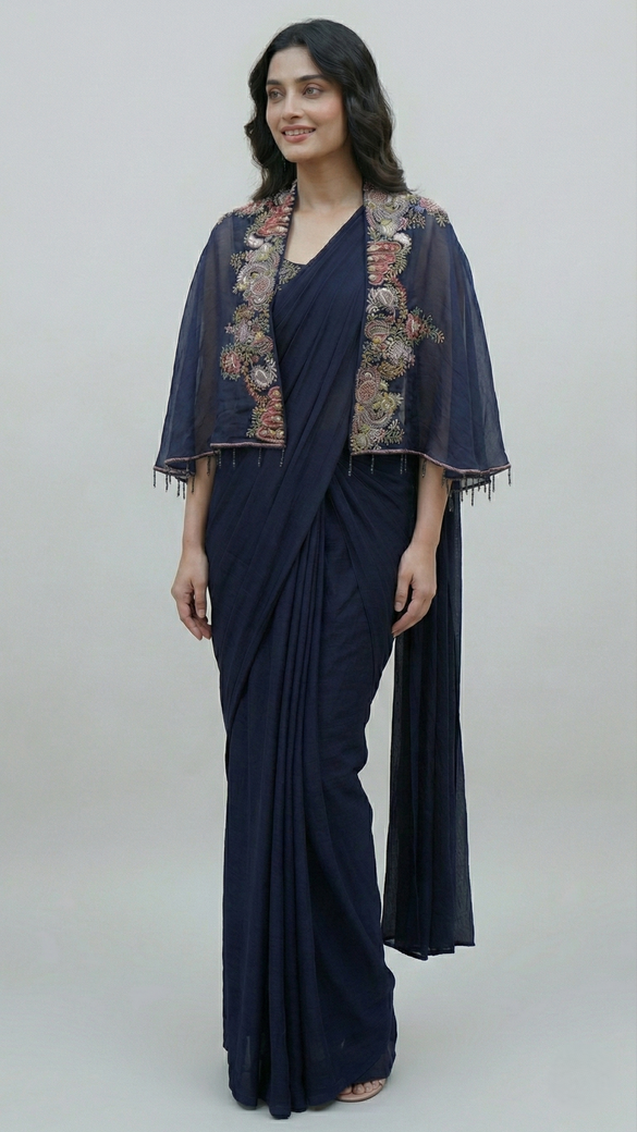 Ready To Wear Saree Navy-Blue In Colour