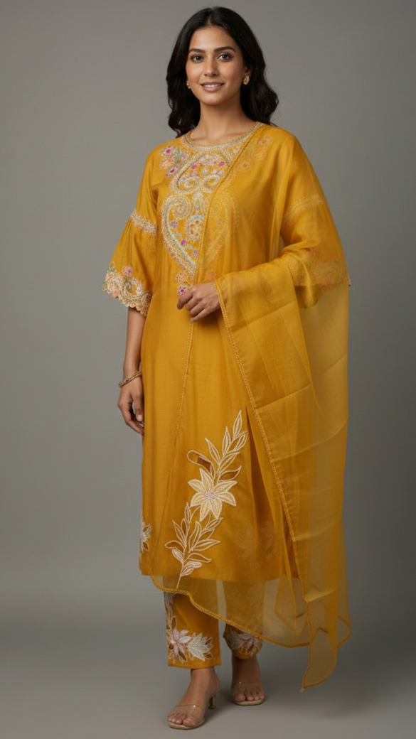 Chanderi Silk Straight Cut Set Yellow In Colour
