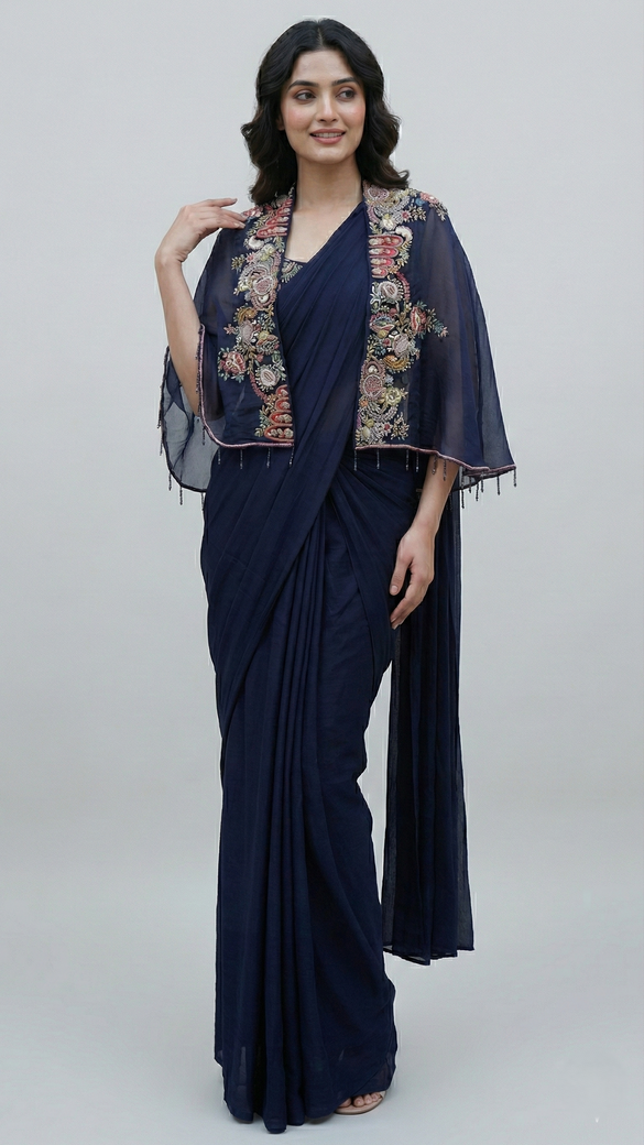 Ready To Wear Saree Navy-Blue In Colour