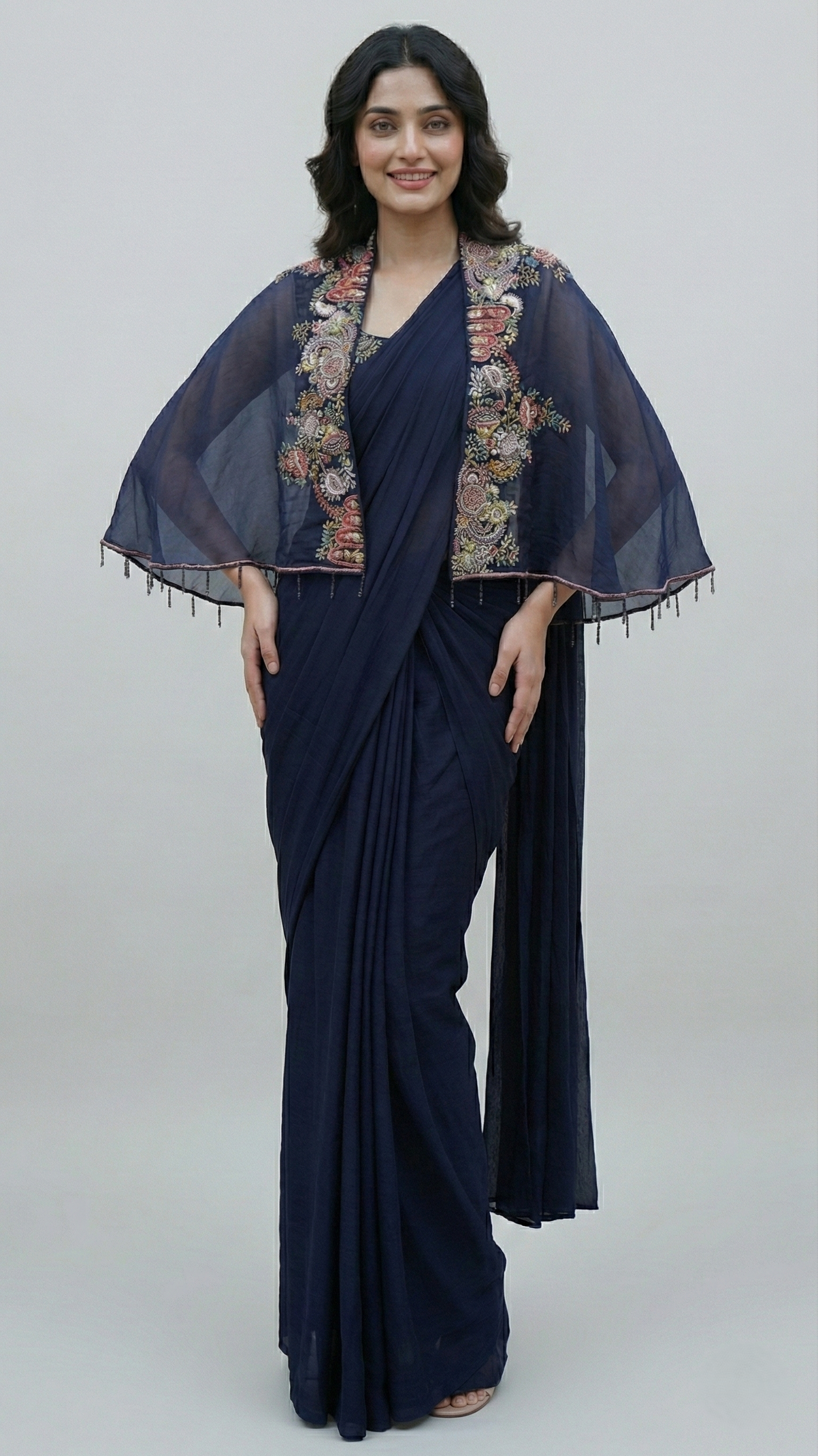 Ready To Wear Saree Navy-Blue In Colour