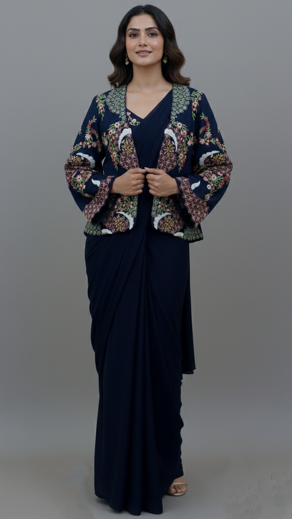 Ready To Wear Saree Navy-Blue In Colour