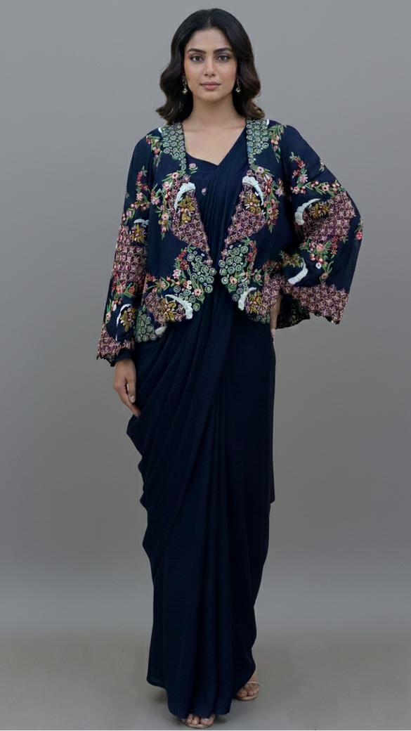 Ready To Wear Saree Navy-Blue In Colour