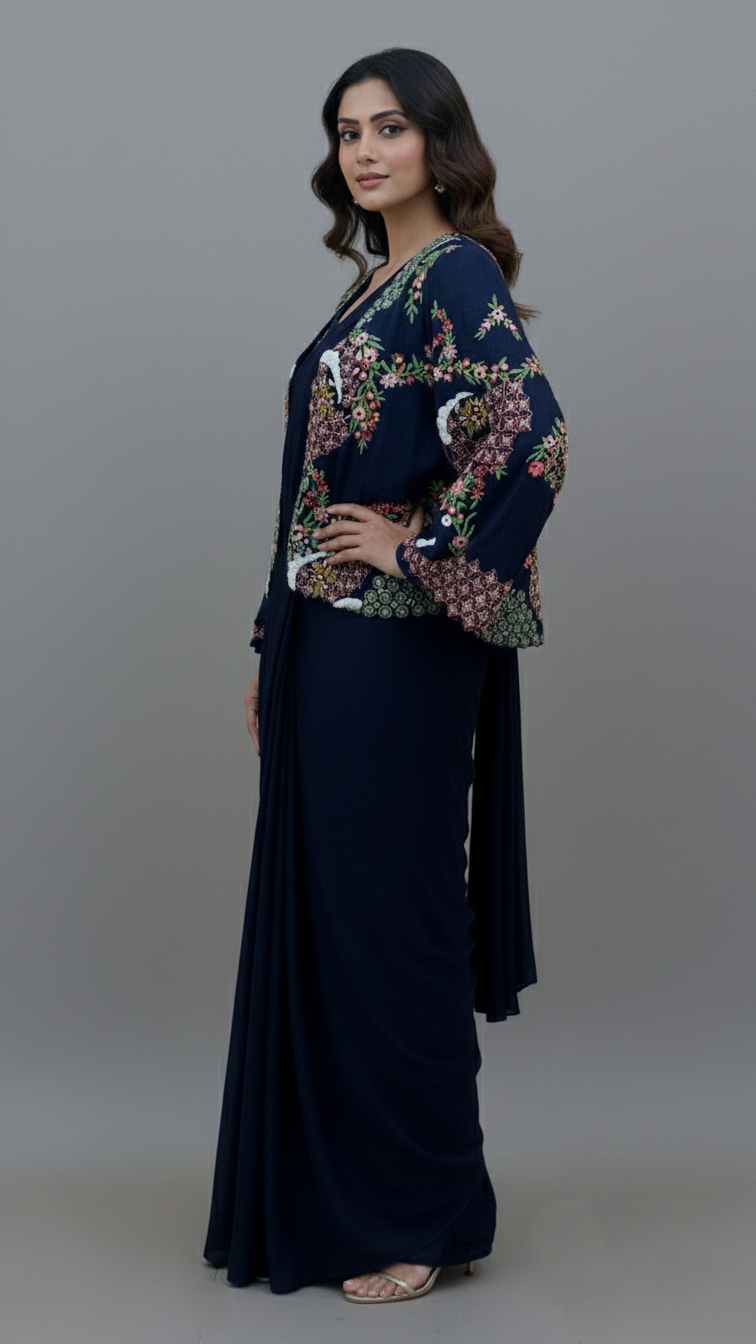 Ready To Wear Saree Navy-Blue In Colour