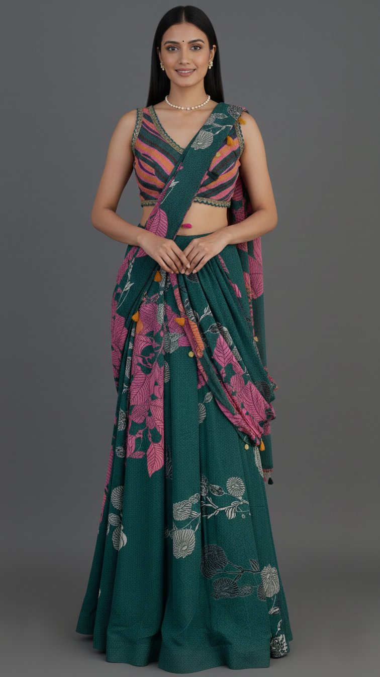 Ready To Wear Saree Bottle-Green In Colour