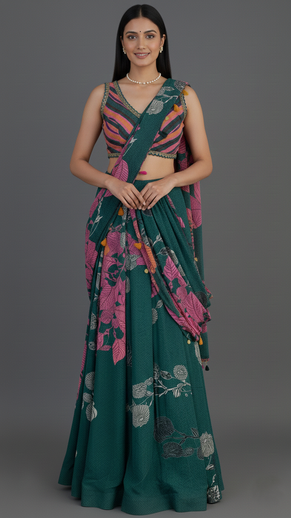 Ready To Wear Saree Bottle-Green In Colour