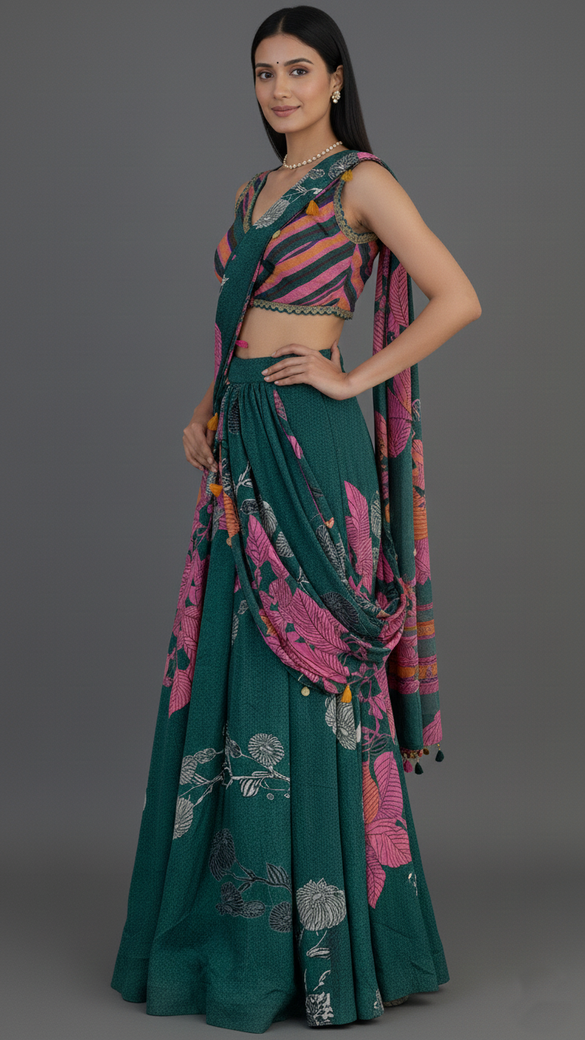 Ready To Wear Saree Bottle-Green In Colour