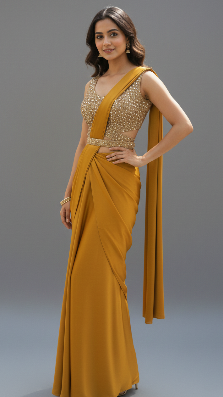 Ready To Wear Saree Mustard In Colour