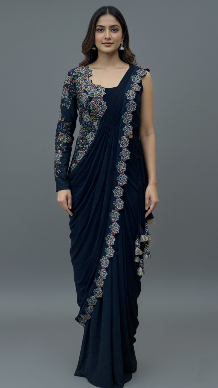 Ready To Wear Saree Navy-Blue In Colour
