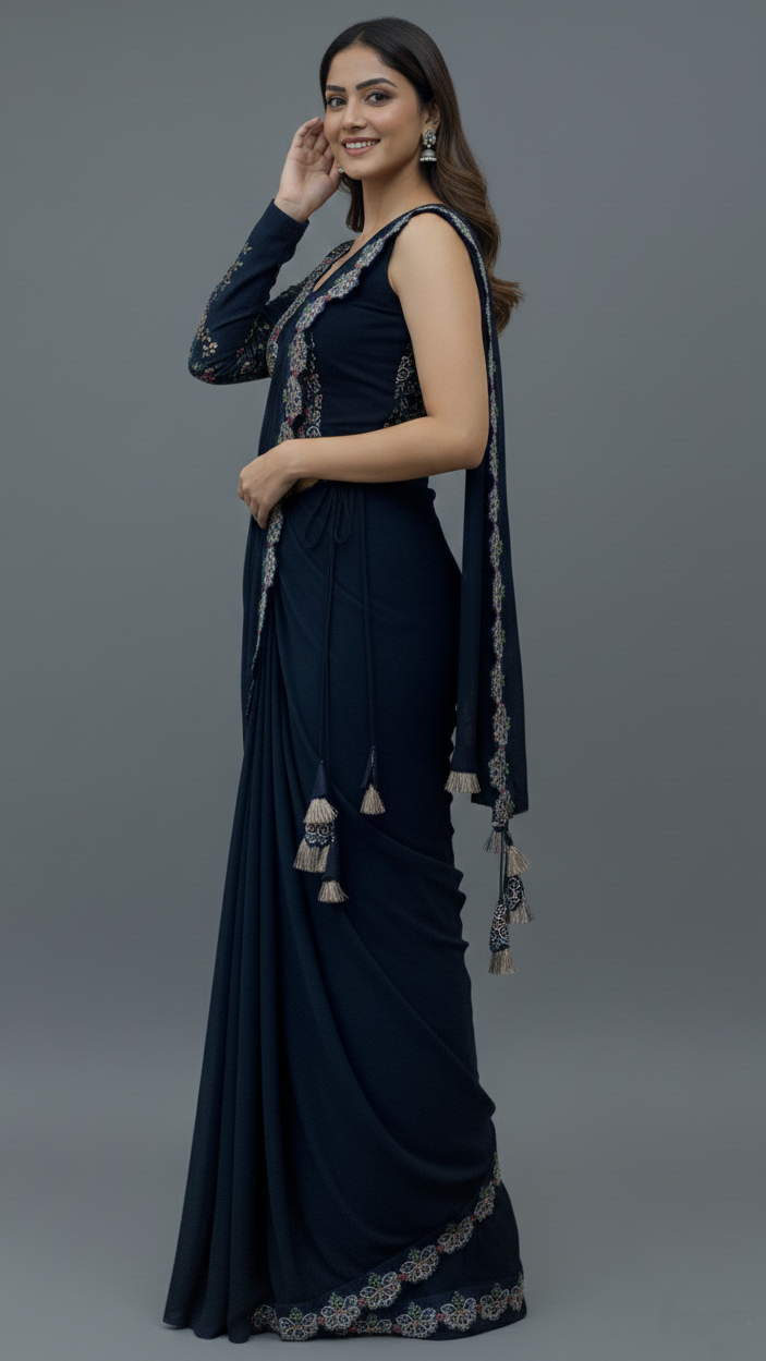 Ready To Wear Saree Navy-Blue In Colour