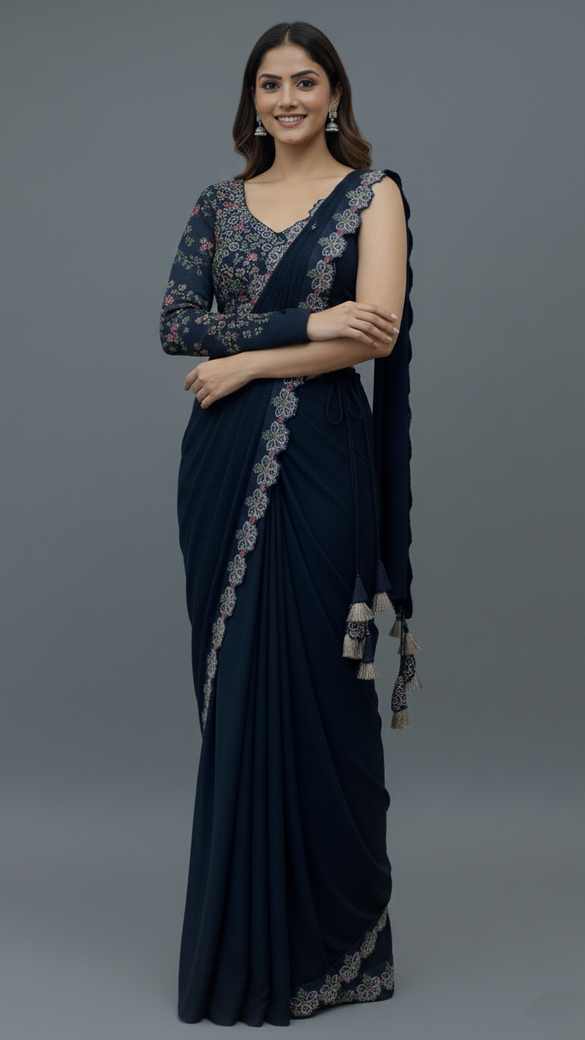 Ready To Wear Saree Navy-Blue In Colour