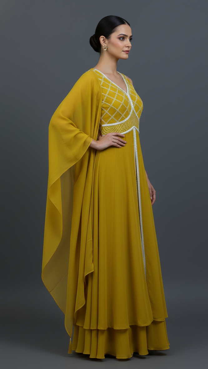 Georgette Gown Lemon-Green In Colour