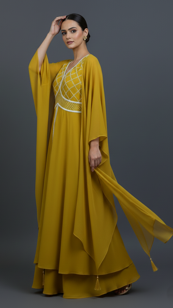 Georgette Gown Lemon-Green In Colour