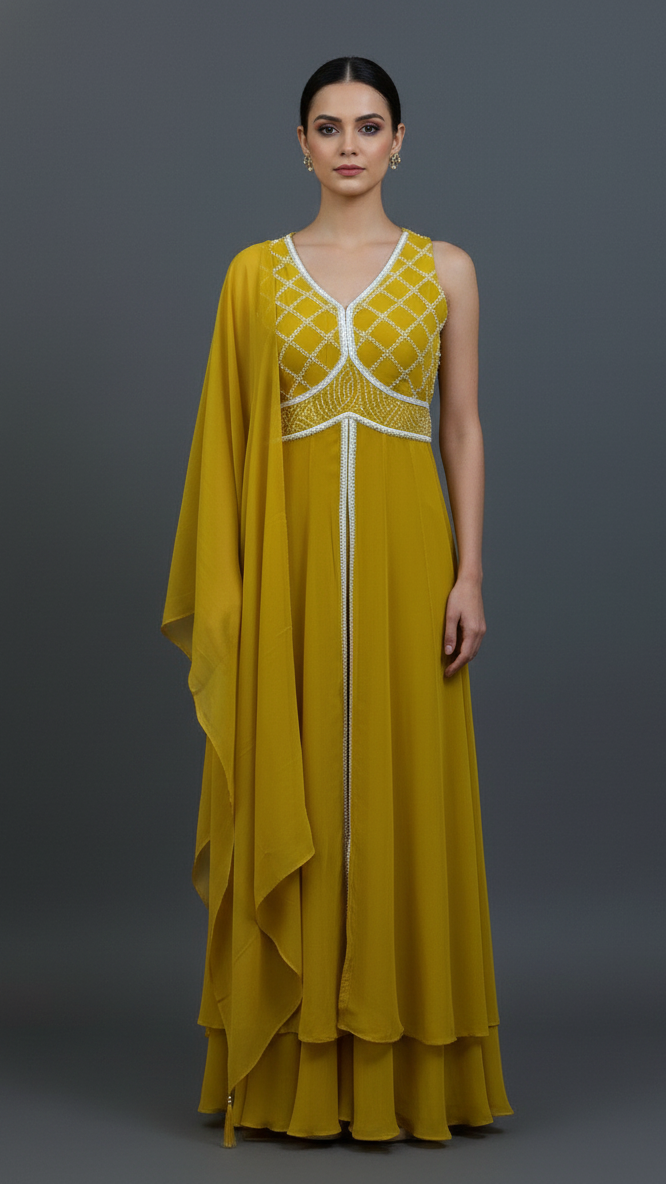 Georgette Gown Lemon-Green In Colour