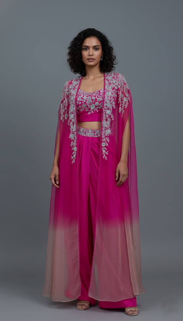 Rani Pink Silk Zari Work Co-ord Set With Cape