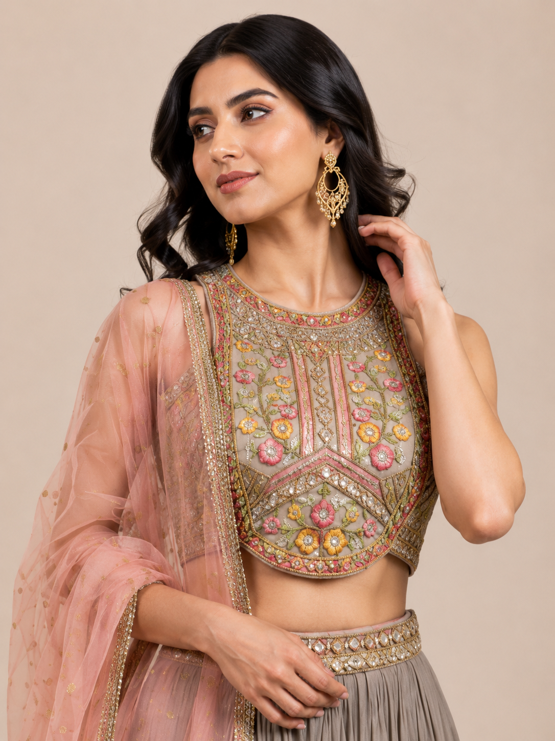 Lilac Gathered Tiered Lehenga with Multi-Color Embroidered Blouse